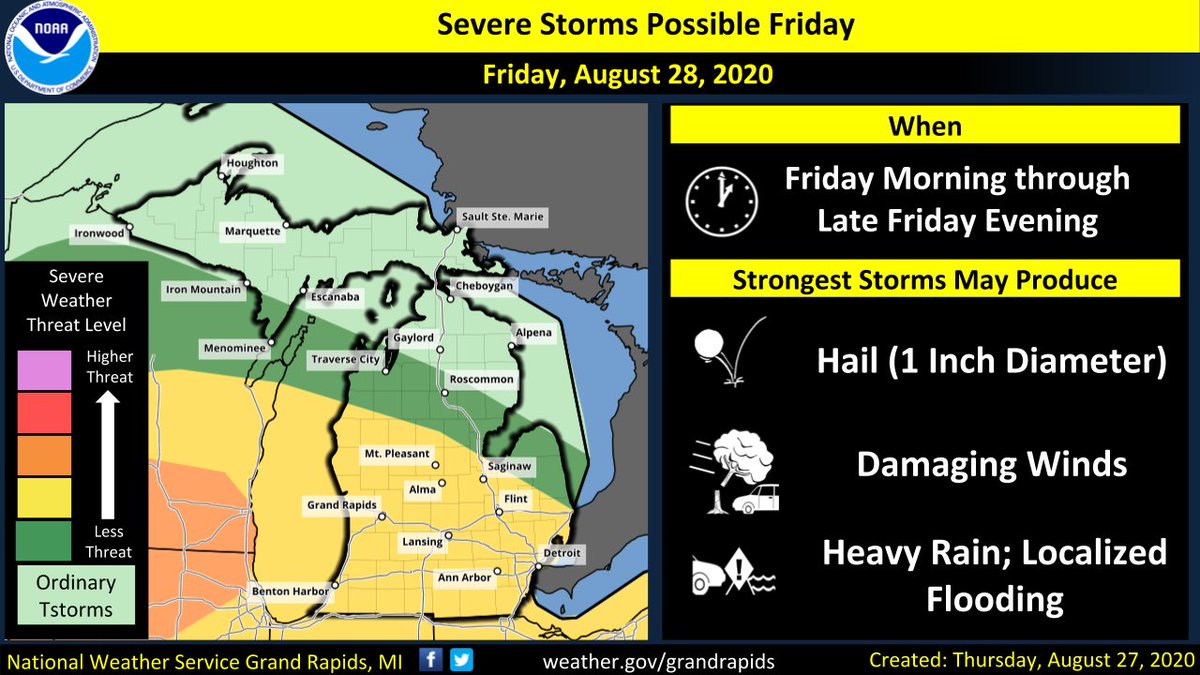 NWSGrandRapids's tweet image. Some storms this evening but not a washout - risk for severe storms low, but cannot rule out isolated damaging wind gust, large hail. Better coverage of storms may develop late tonight/Fri AM - small risk for severe storms. Bigger threat Fri afternoon/evening. #wmiwx #miwx