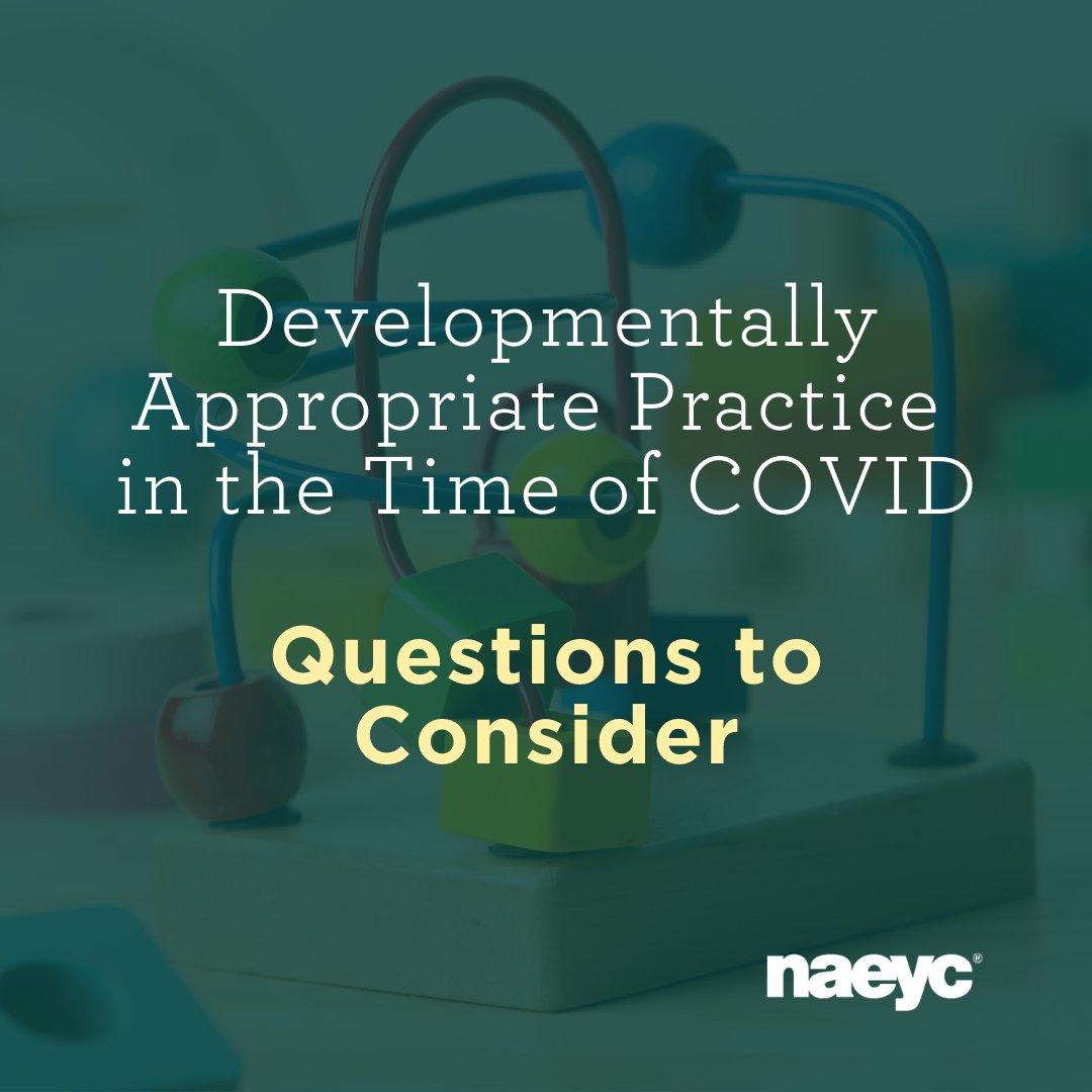 NAEYC's tweet photo. Use these questions &amp; considerations, based on NAEYC’s Early Learning Program Standards and Assessment Items, to think through options, opportunities, &amp; tradeoffs as you support children, families, &amp; your communities with safety &amp; quality during this time. https://t.co/T0DmiqWX6L https://t.co/7fOQS2zRn1