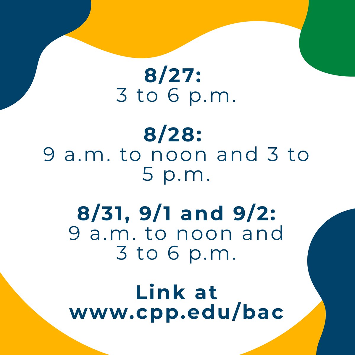 cppbac's tweet image. We’re still available for drop-in hours on Zoom through Add/Drop Period, @calpolypomona! We’re on today from 3-6, tomorrow from 9-12 and 3-5, and back on Monday, Tuesday and Wednesday from 9-12 and 3-6 (all PT). Grab the Zoom link at cpp.edu/bac. #CalPolyPomona