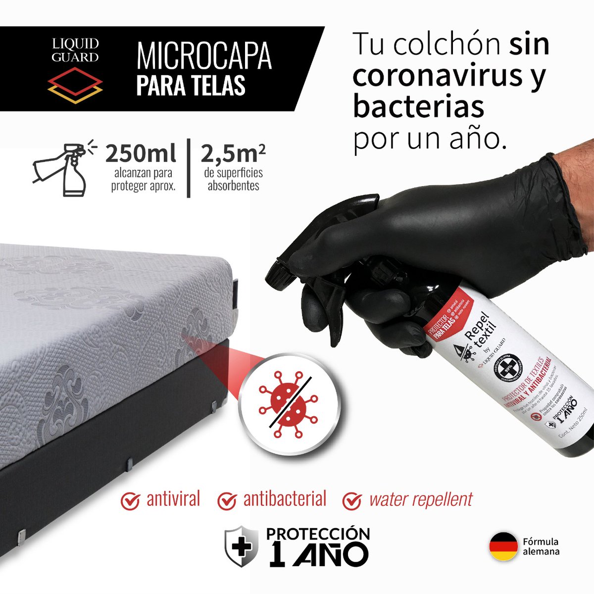 Repel Textil by Liquid Guard elimina los coronavirus y bacterias de tu colchón por 12 meses. Otro gran beneficio es que hace repelentes al agua tus superficies absorbentes y tapizados.

#liquidguard #antivirus #coronavirus #covid #antibacterial #cuarentena  #microcapa