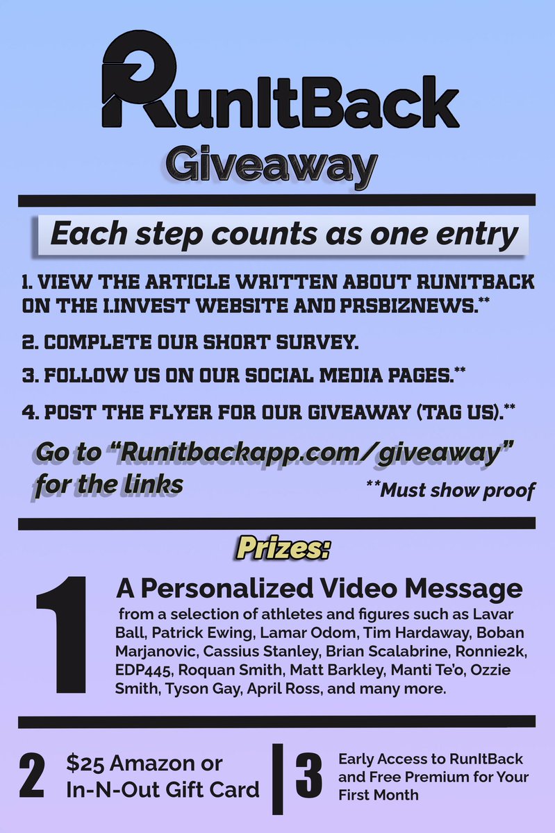 RunItBackApp's tweet image. Participate in our giveaway to earn a chance (or multiple) at our selection of prizes! Link in bio!
