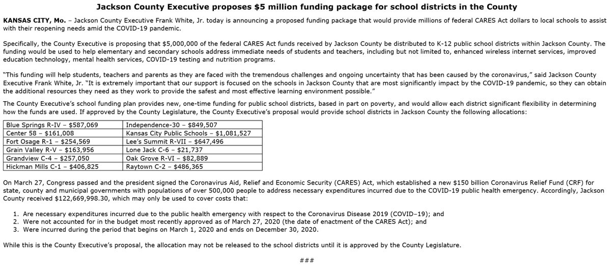 Today, I have proposed a plan to use $5 million in CARES Act monies to be distributed to K-12 public schools in Jackson County to assist with their reopening needs amid the #COVID19 pandemic. 

Additional details in press release below.