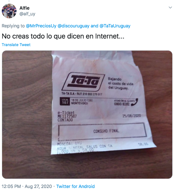Se acuerdan del tuit del Agua Salus de hace unos dias?

En TaTa $44
En Disco $58

Bueno!
Vean el precio en el recibo de <a href="/alf_uy/">Alfie</a> 🧐😱
Dame una explicación muuuuuy razonable de esto 
<a href="/TaTaUruguay/">Ta-Ta Supermercados</a> 👇👇