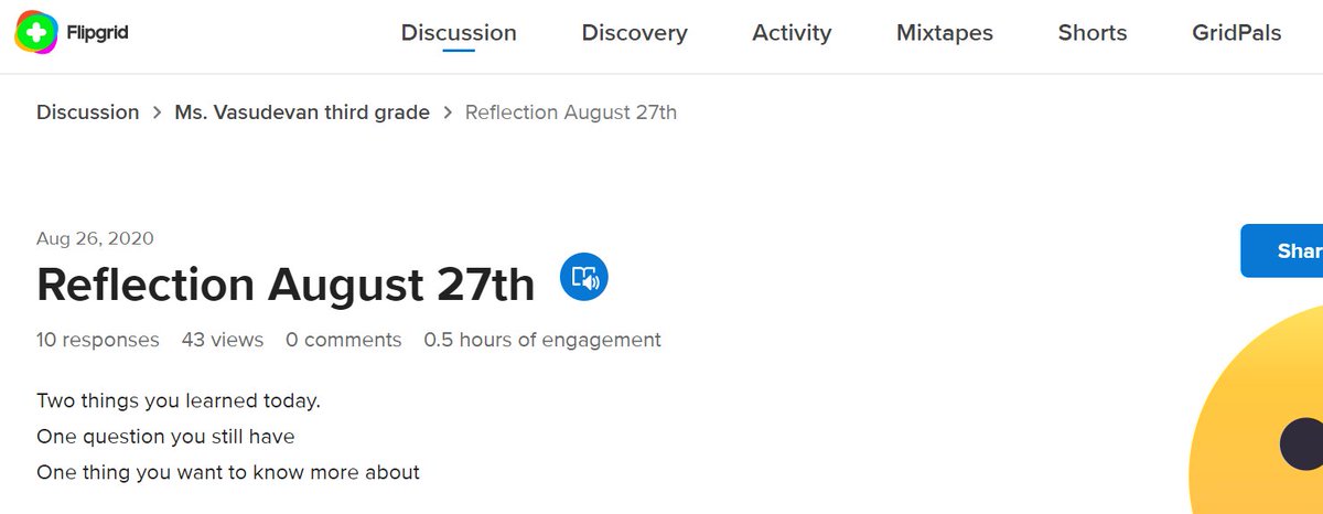 SupriyaVasu's tweet image. First @Flipgrid #FlipgridForAll reflection of the year! My 3rd grade hawklings rock! @HortonsCreekES #hawksdoitdifferent #EndOfDayReflections #virtuallearning #distancelearning #HumanConnections #RelationshipsMatter