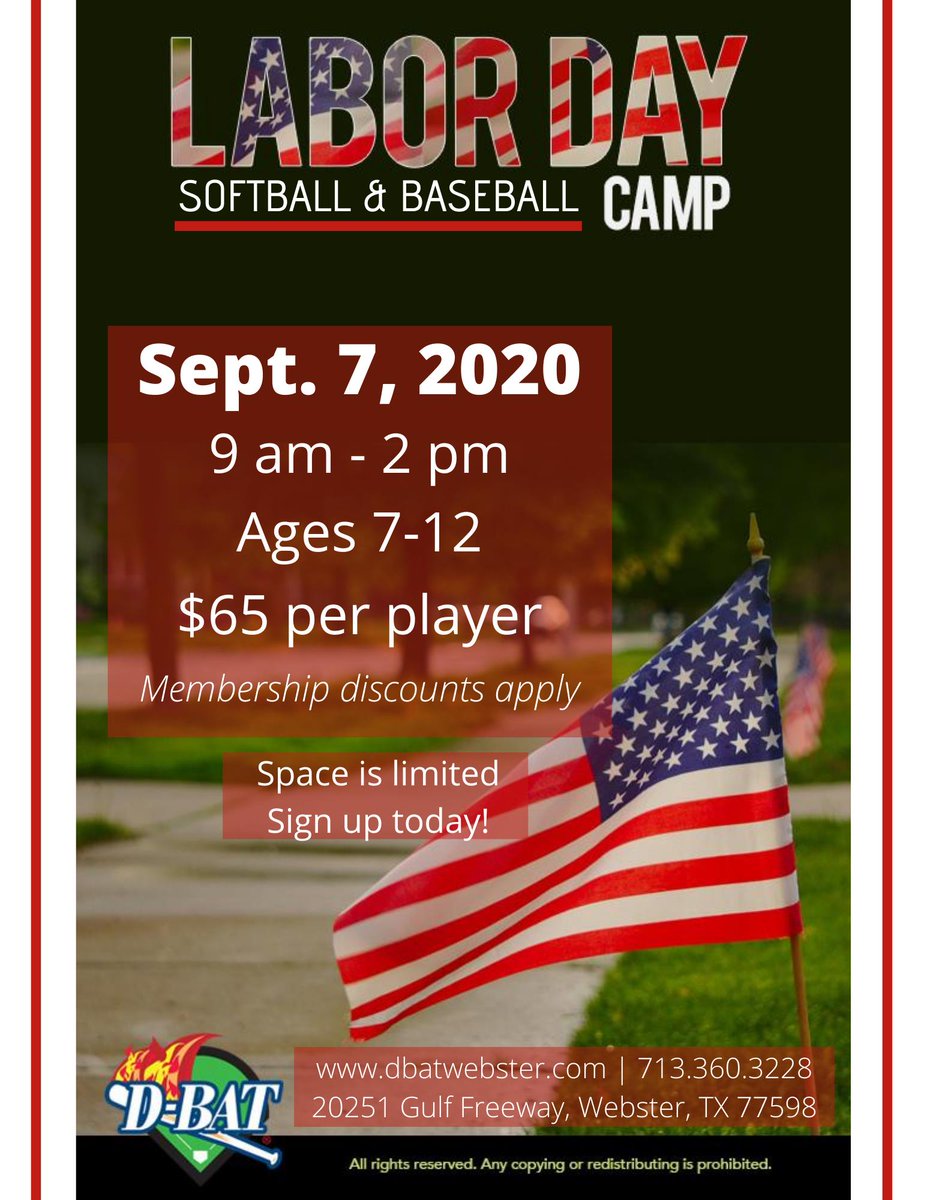 DBATWebster's tweet image. Even though our summer is over, that doesn&apos;t mean we still can&apos;t have some fun. Join us for our next camp coming this Labor Day, Monday, September 7, from 9 am to 2 pm! Space is limited so be sure to get grab your spot. #dbatwebster #baseball #softball