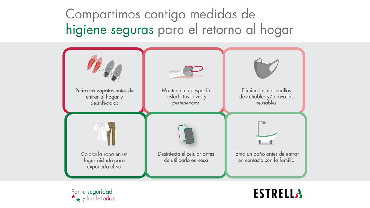 Promovemos un retorno seguro al hogar, por lo que compartirmos estas medidas de higiene para minimizar el riesgo por contagio del Covid-19 y a no bajar la guardia en momentos de pandemia.

#GrupoESTRELLA #CoronavirusRD #covid_19 #PrevenviondelCoronavirus #MedidasdeSeguridad
