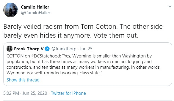 Meet Camilo Haller ( @CamiloHaller), Regional Organizing Director (PA) for Biden 2020. Camilo disagrees w/  @TomCottonAR on the subject of "DC statehood," but rather than debate, Camilo pulled the racist card.Biden's campaign has paid Camilo $40K YTD. https://twitter.com/CamiloHaller/status/12762596119479582748/