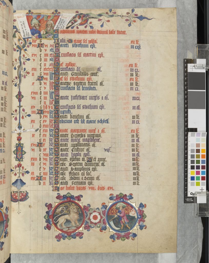OK, here we go, Liturgical Calendars 101. Liturgical calendars are designed to give a lot of information in a small space and are incredibly efficient. This manuscript has one month per page. We’re looking at folio 4r, a.k.a. July.
