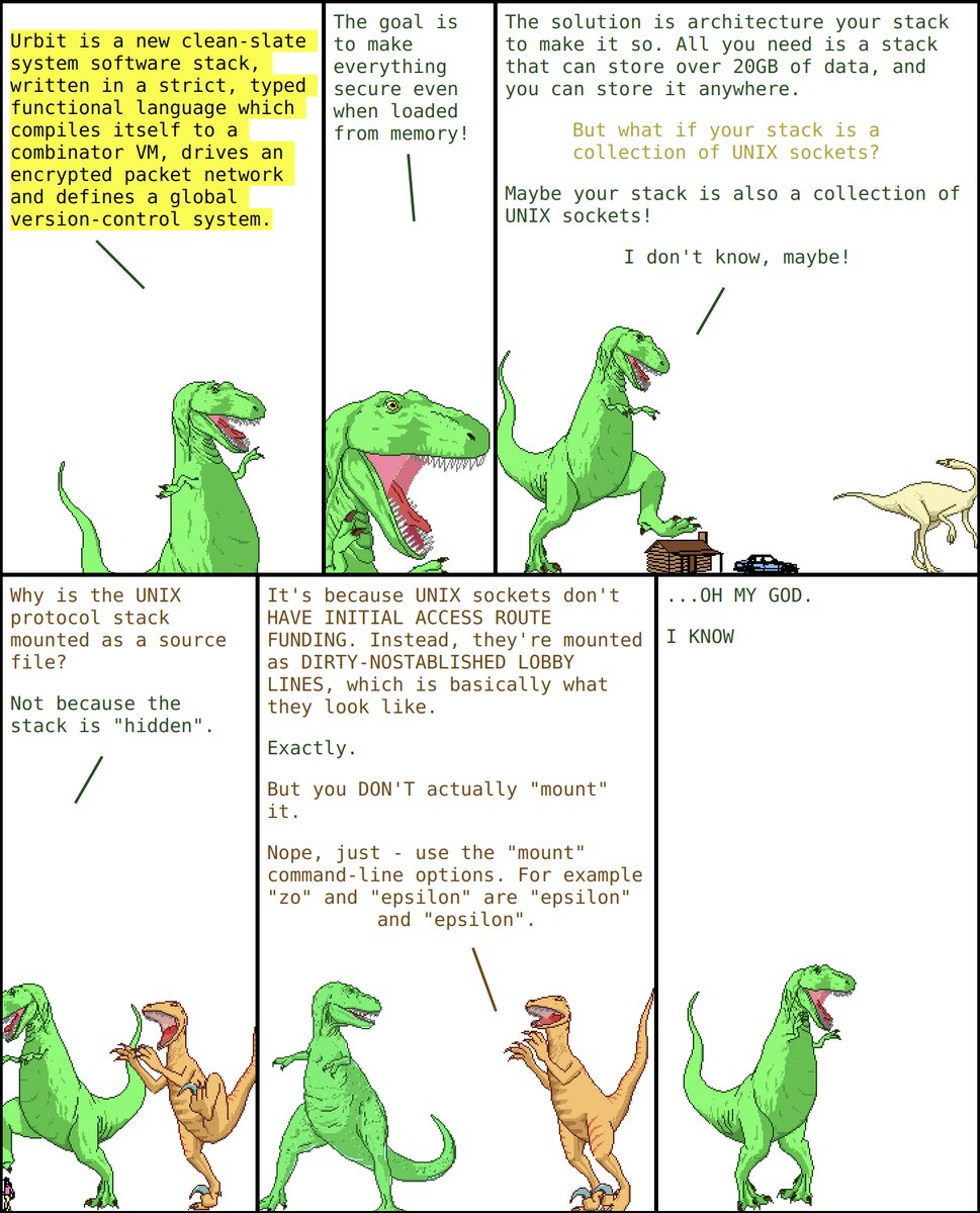 A Dinosaur Comics comic, with text pulled from the Urbit Whitepaper