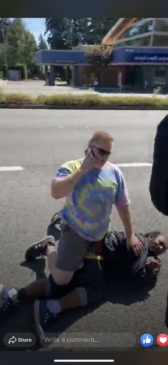 D pulled in, went on fb live to document, & started yelling at the guy to get off of him. Allegedly the guy threw a rock towards the street, so this white dude took it upon himself to stop and knock the brown guy down and pin him in the road. Photos are screen caps of vid >>>