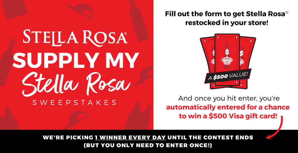RiboliWine's tweet photo. (2/2) As we work on getting the wine on shelves, we’ve created Supply My Stella Sweepstakes to help restock #StellaRosa® in your area faster. Winners receive a $500 Visa gift card, and there will be a winner EVERY DAY until September 18. For more details: https://t.co/yB1joZKJyc https://t.co/sivs2K12Z6