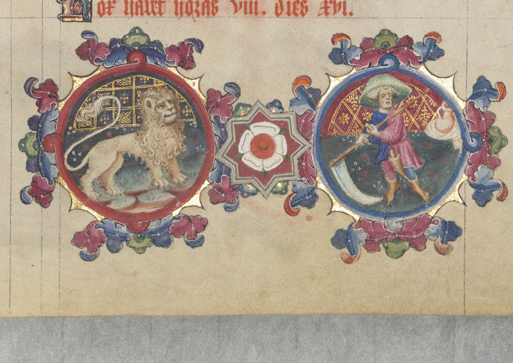 In the lower margin, we see the usual pairing of the zodiac (now THAT’s a lion! Look at those curls!) with the Labor of the Month, in this case harvesting hay.