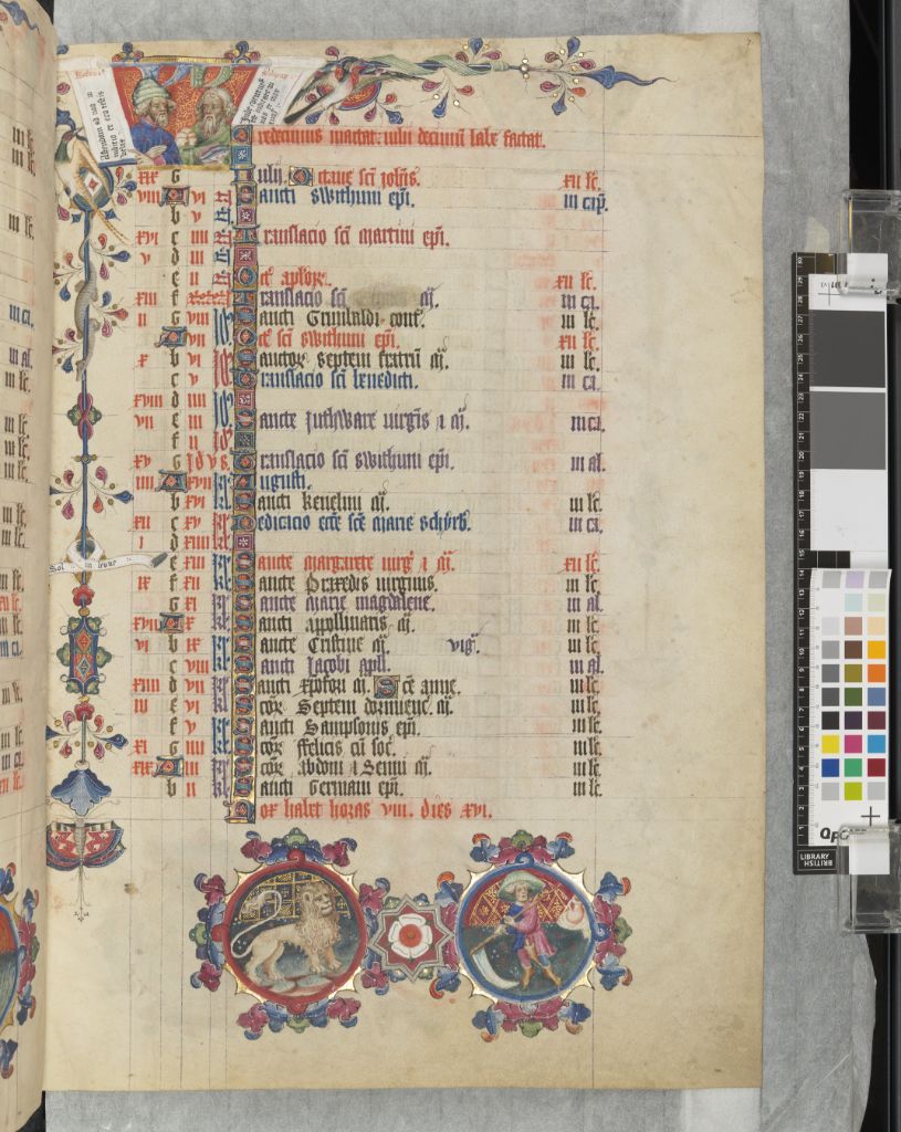 July 1, for example, is the Octave of (eighth day after) the Feast of St. John the Baptist. The days use a colorful hierarchy, which is, as  @gundormr pointed out, not entirely understood: black, red, purple, & blue. The names in colors are clues to the origin of the manuscript.