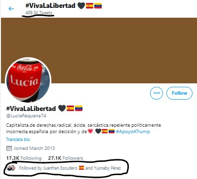 Lucía Requena  #VivaLaLibertad, tb venezolana, aunque española por decisión propia según pone en su bio. 500.000 tuits, contenido mayoritariamente español, pero Trump y Uribe son habituales. Difunde la mani en Argentina, entre RT y RT a JuanFra Escudero.