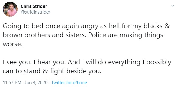 I regret to inform you that Chris Strider ( @stridinstrider) has once again re-entered the chat. This time, Chris is villainizing the police. $48,106.47 is the exact figure that the Biden campaign has paid Chris YTD. https://twitter.com/stridinstrider/status/126873189741433241612/