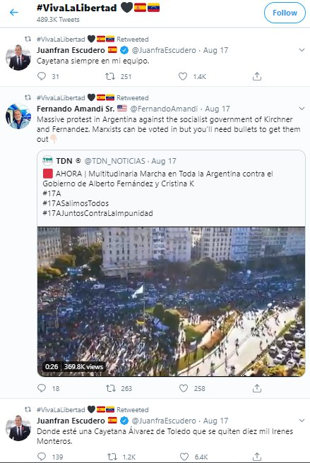 Lucía Requena  #VivaLaLibertad, tb venezolana, aunque española por decisión propia según pone en su bio. 500.000 tuits, contenido mayoritariamente español, pero Trump y Uribe son habituales. Difunde la mani en Argentina, entre RT y RT a JuanFra Escudero.