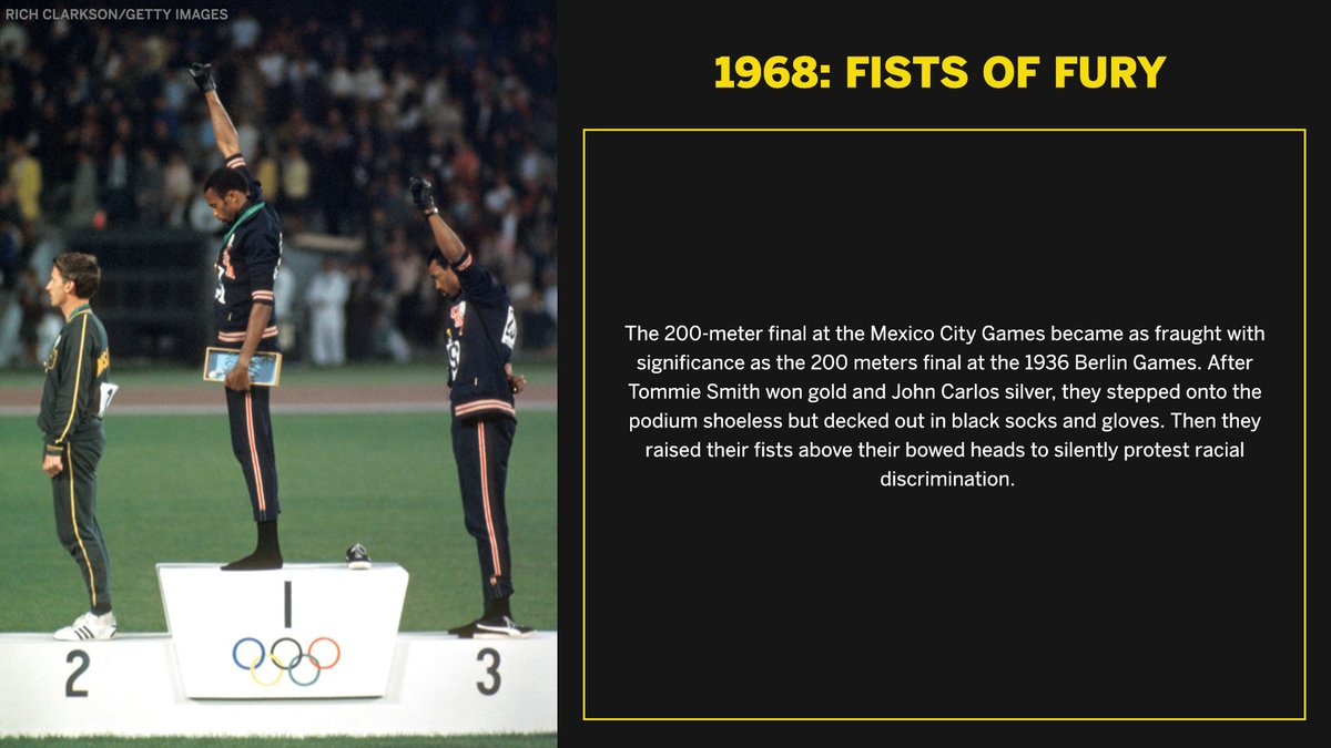 Tommie Smith and John Carlos took a stand against racism and discrimination, wearing black gloves while raising their fists during their 200-meter medal ceremony at the 1968 Olympics.