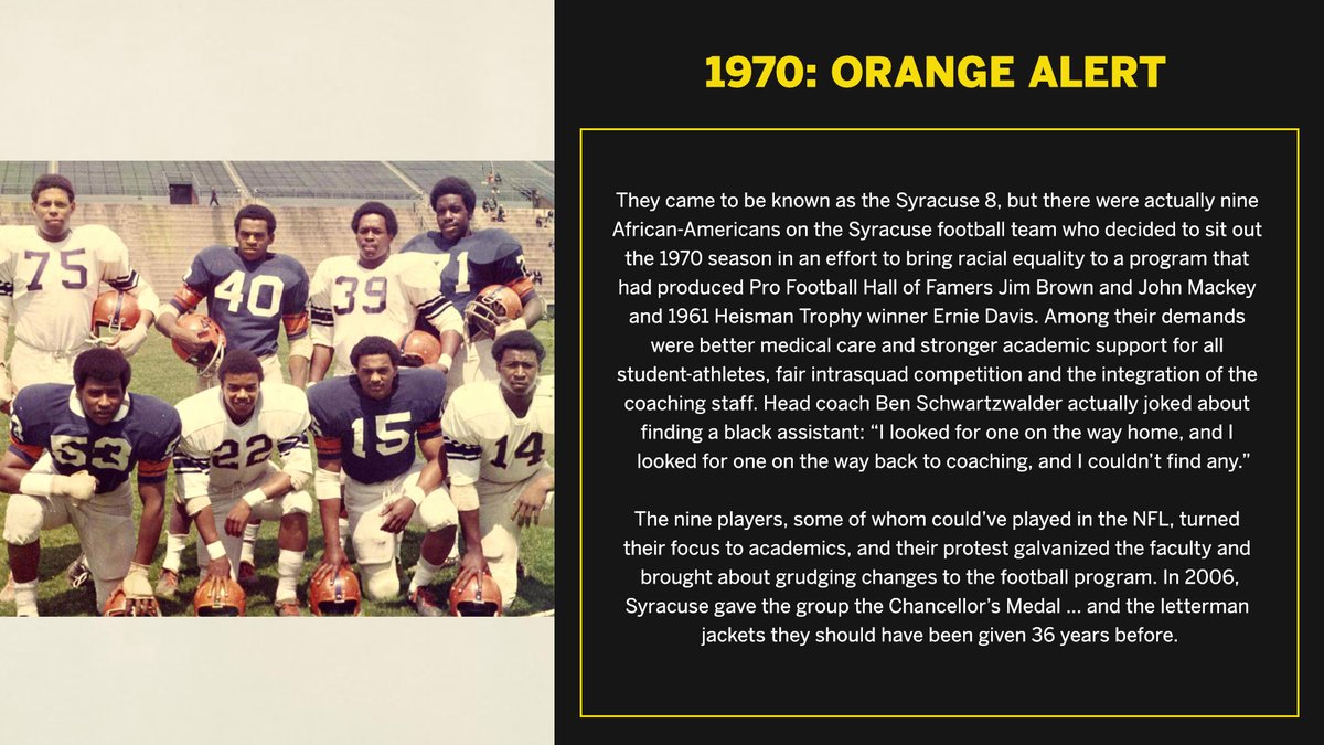 The ‘Syracuse 8’ chose to sit out the 1970 college football season in an effort to bring racial equality to the athletic program.The group demanded:Better healthcareAcademic supportFair intra-squad competitionDiversity on the coaching staff