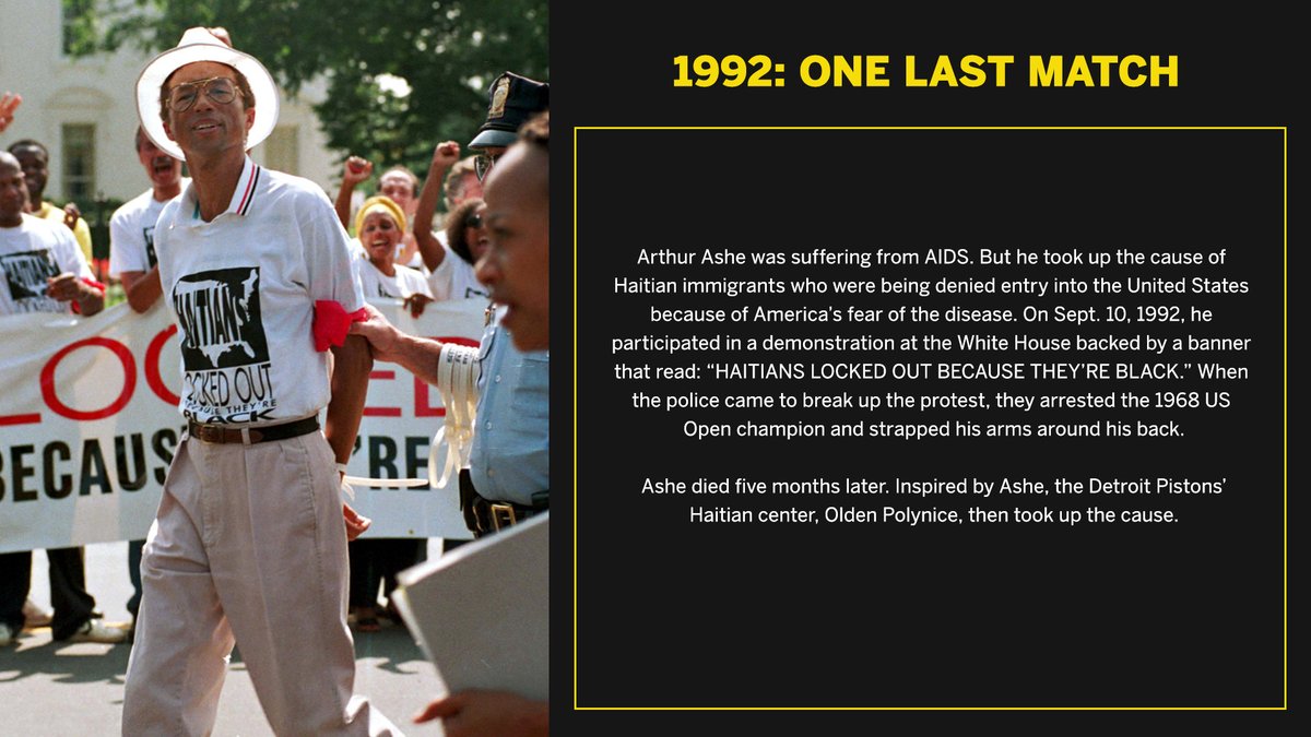 In 1992, former US Open Champion Arthur Ashe joined a demonstration supporting the equal treatment of Haitians and African-Americans.After Ashe’s passing, former Detroit Pistons’ center,  @OldenPolynice1 followed in his footsteps and continued to spread the message.