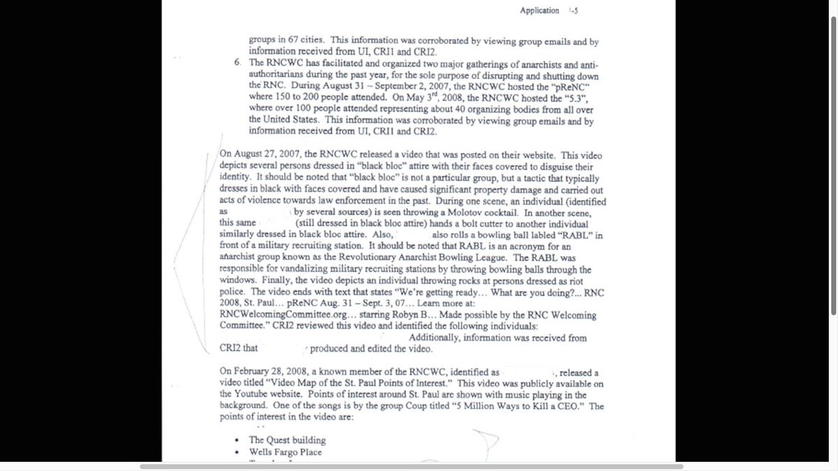 2/12: Here are pages from a warrant used to search addresses the police connected with an activist group, the RNC Welcoming Committee. One describes an ominous-sounding video. And here is a link to the video (with a soundtrack by Blondie)  https://www.dailymotion.com/video/x2ylbff 