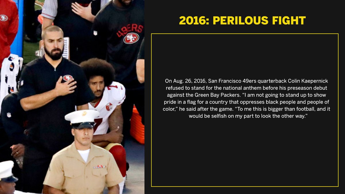 In 2016,  @Kaepernick7 began kneeling during the national anthem as a form of protest against racial injustices in America.“I am not going to stand up to show pride in a flag for a country that oppresses Black people and people of color.”