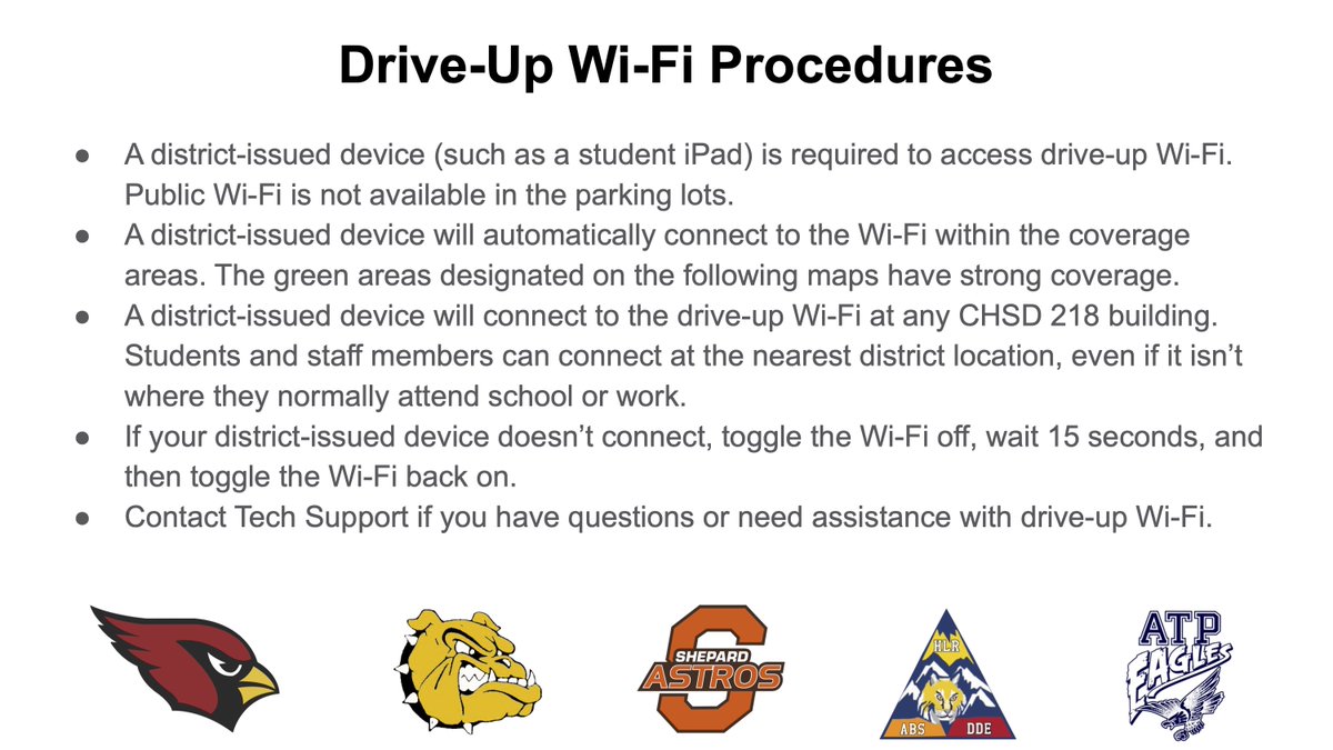 I’m happy to announce that all #CHSD218 schools now offer drive-up Wi-Fi for students and staff! Students will need their school-issued iPads to connect to the Wi-Fi.

More information and coverage maps can be found on our Tech Support webpage: chsd218.org/apps/pages/Dri…