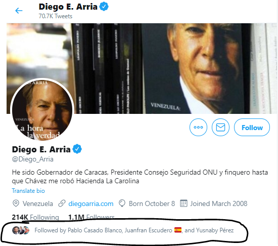 Una curiosidad es que su primer seguidor en twitter es Diego Arria, conocido opositor venezolano, cuya cuenta es seguida por Casado, Yusnaby y Juanfra Escudero, al igual que hacen con Lucía Requena.