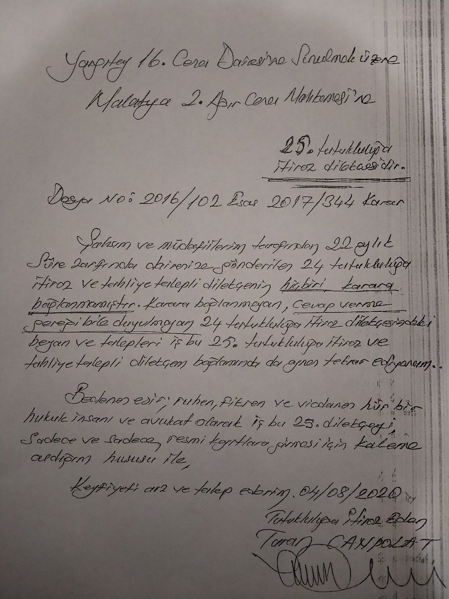 Yargı skandalları ile dolu bir tutsaklık sürecinde olan babam Av. Turan Canpolat'a yapılan zulüm yetmezmiş gibi bir de hücrede tutuluyor. Dilekçelerine cevap verilmiyor.<a href="/TCYargitay/">Yargıtay Başkanlığı</a> ın cevaplamadığı 25. Tutukluluğa itiraz dilekçesi 👇🏻👇🏻
HakAramak SuçDeğil <a href="/adalet_bakanlik/">T.C. Adalet Bakanlığı</a>