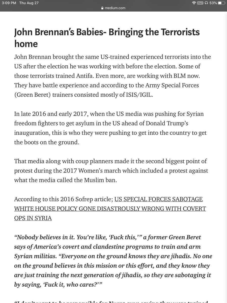 Many in the Special Forces cmty have known this for a long time - Obama/Brennan ordered USSF to train ISIS fighters. If you ever wondered why [they] pushed so hard to bring un-vetted (but highly trained) “refugees” here, Wrote this into Pact 2 in 2014 https://medium.com/@georgeeliason/chalupas-animal-farm2-blm-ties-to-isis-shows-why-conservatives-are-the-enemy-3db636c07a26