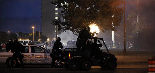 8/12: Later that night, as John McCain gave his acceptance speech, police followed and corralled protesters near the state capitol, bombarding them with flash grenades, and rubber bullets. Hundreds of protesters and reporters were arrested.  https://thecaucus.blogs.nytimes.com/2008/09/04/hundreds-of-protesters-arrested/?searchResultPosition=1