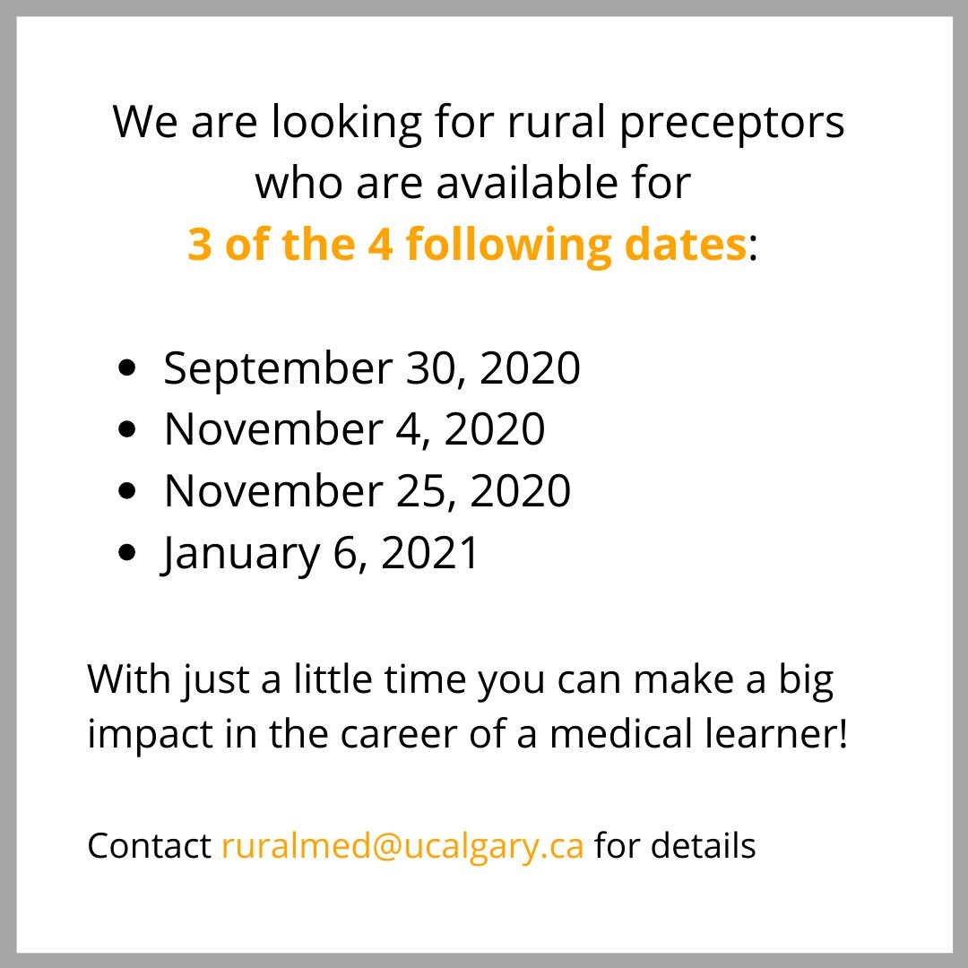 DLRI is recruiting rural preceptors for the MDCN 330 Clinical Experience Course! This is an excellent opportunity to make a big impact early in the careers of young medical learners! 
If you are interested, please email: ruralmed@ucalgary.ca for details... #MedEd #RuralMed