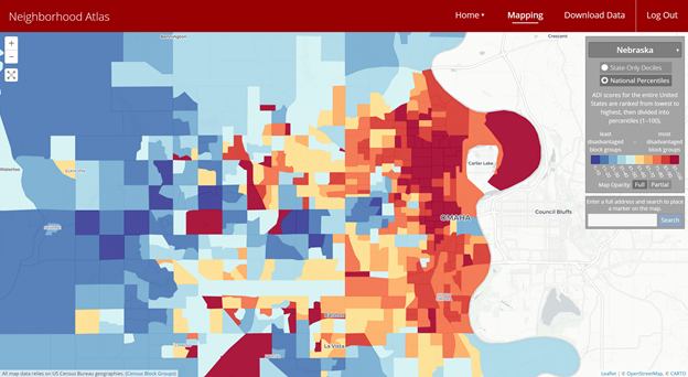 Area Deprivation Index (ADI) map of the Greater Omaha Area,