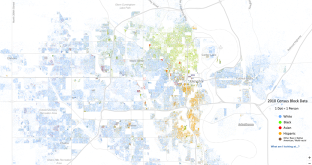 Racial Dot Map of Greater Omaha Area, demonstrating clear pr