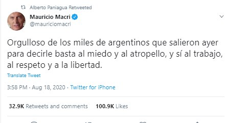 Seguimos por Alberto Estiburo, conocido de campañas en Venezuela pidiendo intervención militar de EEUU. Alberto como Macri, se alegra que miles de argentinos se manifestaran por el fin del confinamiento. Contenido venezolano, tb RTs a VOX, Trump, Uribe... https://twitter.com/JulianMaciasT/status/1259568594318491648