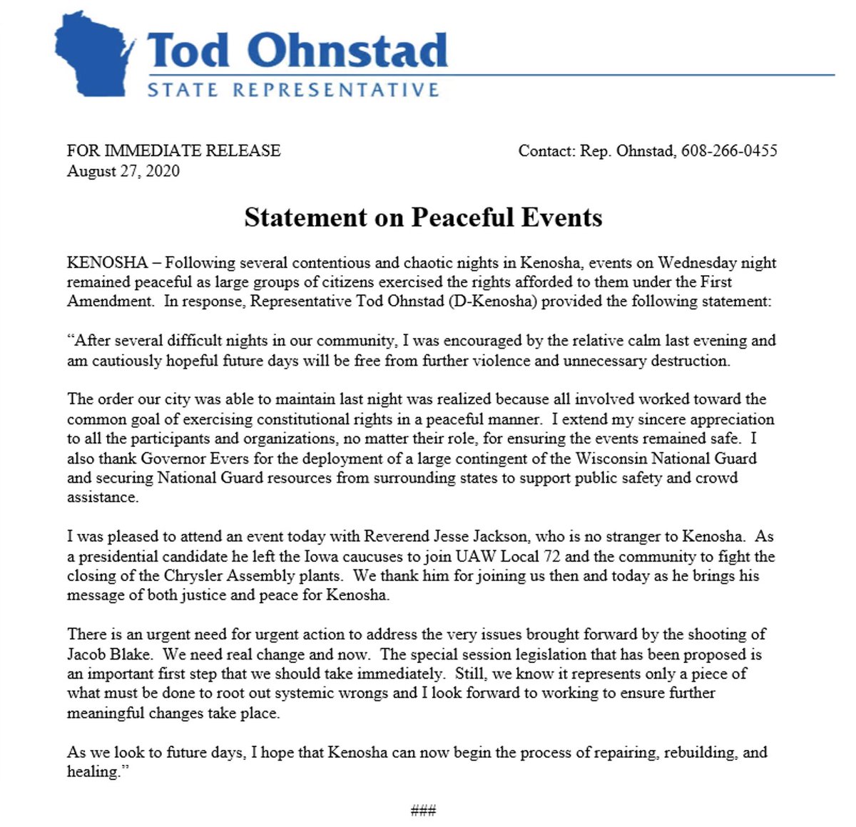 After several difficult nights in our Kenosha community, I was encouraged by the relative calm last evening and am cautiously hopeful future days will be free from further violence and unnecessary destruction.