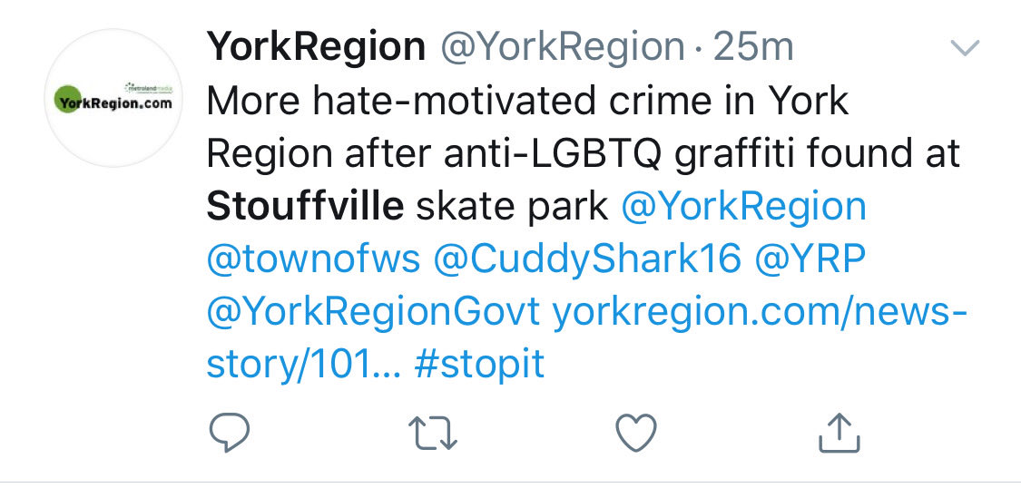 MsStouffville's tweet photo. Who deemed this a hate crime ?
The newspaper reporter , to get people’s attention ?
Or was it a group of dumbass teenagers that are bored and think it’s cool to write FAG on some public property.
Big difference.
Stouffville doesn’t have a black , inclusive problem.
#stouffville https://t.co/IFgrceJQX9