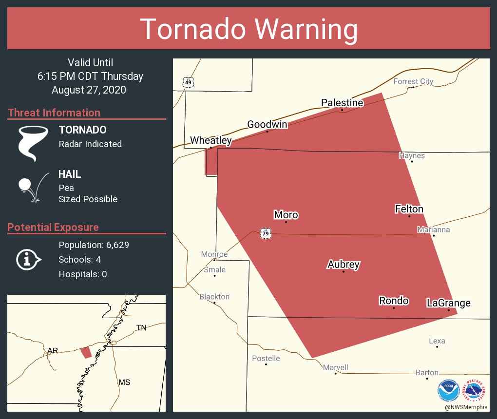Tornado Warning including Palestine AR, Wheatley AR, Moro AR until 615