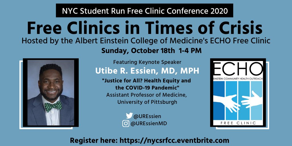 ECHO Free Clinic (@echofreeclinic) on Twitter photo We are honored to announce we'll be *virtually* hosting the NYC Student Run Free Clinic Conference on October 18th. We're even more honored that <a href="/EinsteinMed/">Albert Einstein College of Medicine - Official</a> & ECHO alum <a href="/UREssien/">Utibe R. Essien, MD MPH</a> will be speaking about #healthequity and #COVID19!
Registration open now! nycsrfcc.eventbrite.com We are honored to announce we'll be *virtually* hosting the NYC Student Run Free Clinic Conference on October 18th. We're even more honored that <a href="/EinsteinMed/">Albert Einstein College of Medicine - Official</a> & ECHO alum <a href="/UREssien/">Utibe R. Essien, MD MPH</a> will be speaking about #healthequity and #COVID19!
Registration open now! nycsrfcc.eventbrite.com