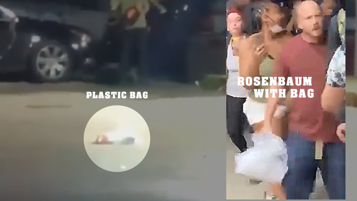 3. Two videos (at least) show Joseph Rosenbaum chasing KyleR onto "Berts & Rudy's" at 63rd-Sheridan and throwing plastic bag from behind with object inside. The bag hits ground does not hit KyleR. KR rounds car and shoots/kills Rosenbaum.