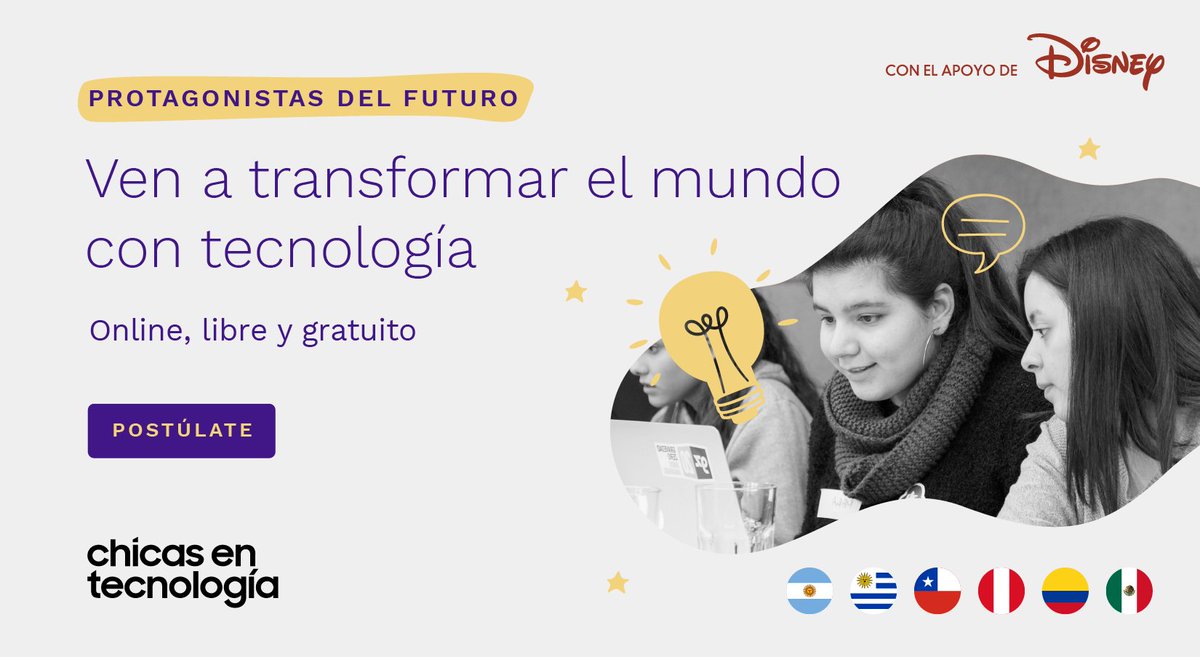 ¿Te imaginás transformar el mundo con tecnología? 📲🌎

Si sos una joven mujer de entre 15 y 19 años y vivís en Argentina 🇦🇷, Uruguay 🇺🇾, Chile 🇨🇱, Perú 🇵🇪, Colombia 🇨🇴 o México 🇲🇽, te invitamos a participar de #ProtagonistasDelFuturo 👩‍💻 

Conoce más: bit.ly/protagonistas-…
