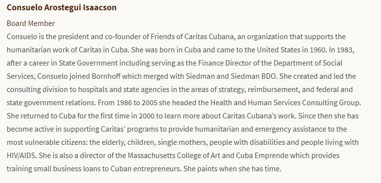 Consuelo Arostegui Isaacson is the president of Friends of Caritas Cubana and in 1983 was serving as the Finance Director of the Department of Social Services.  https://fincafoundation.org/about-us/board-of-directors/