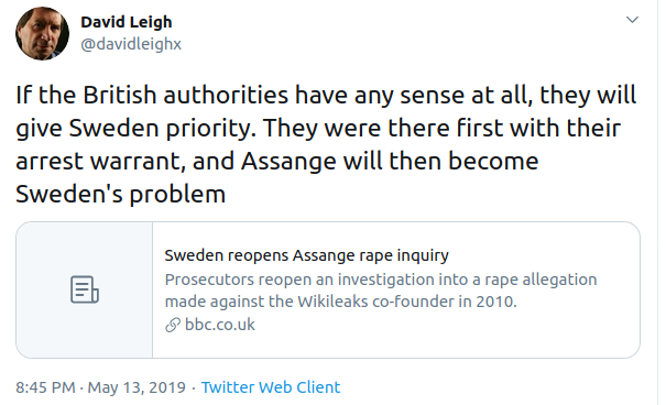 Two weeks later  @DavidLeighx reiterated this call: "Assange will then become Sweden's problem". He clearly had no concerns about Assange being jailed for life in the USA, he just wanted to spare UK authorities the embarrassment of publicly destroying a journalist's life.