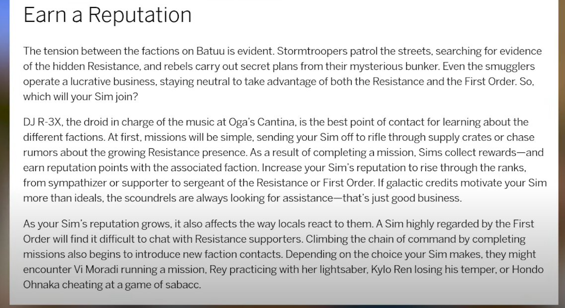 the way sims 4 journey to batuu is literally just galaxy's edge in video game form, down to the layout and the way sims will do missions for reputation points. thats exactly what they were planning to implement in the park. just a straight up advertisement and transplant im tired