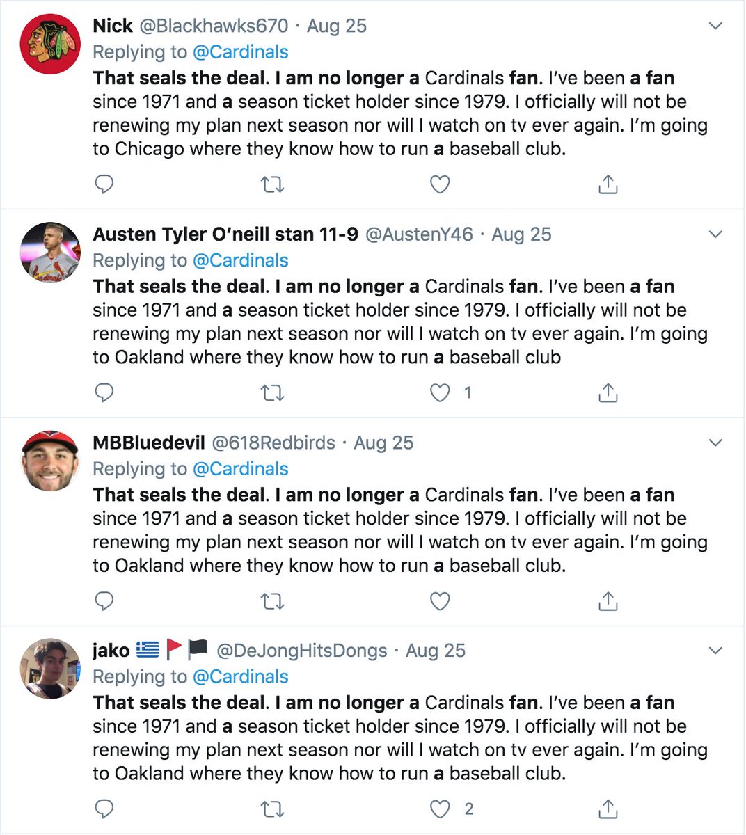 What's up with all these extremely similar tweets from enraged former fans/season ticket holders?  #Copypasta  #ThursdayThoughtscc:  @ZellaQuixote