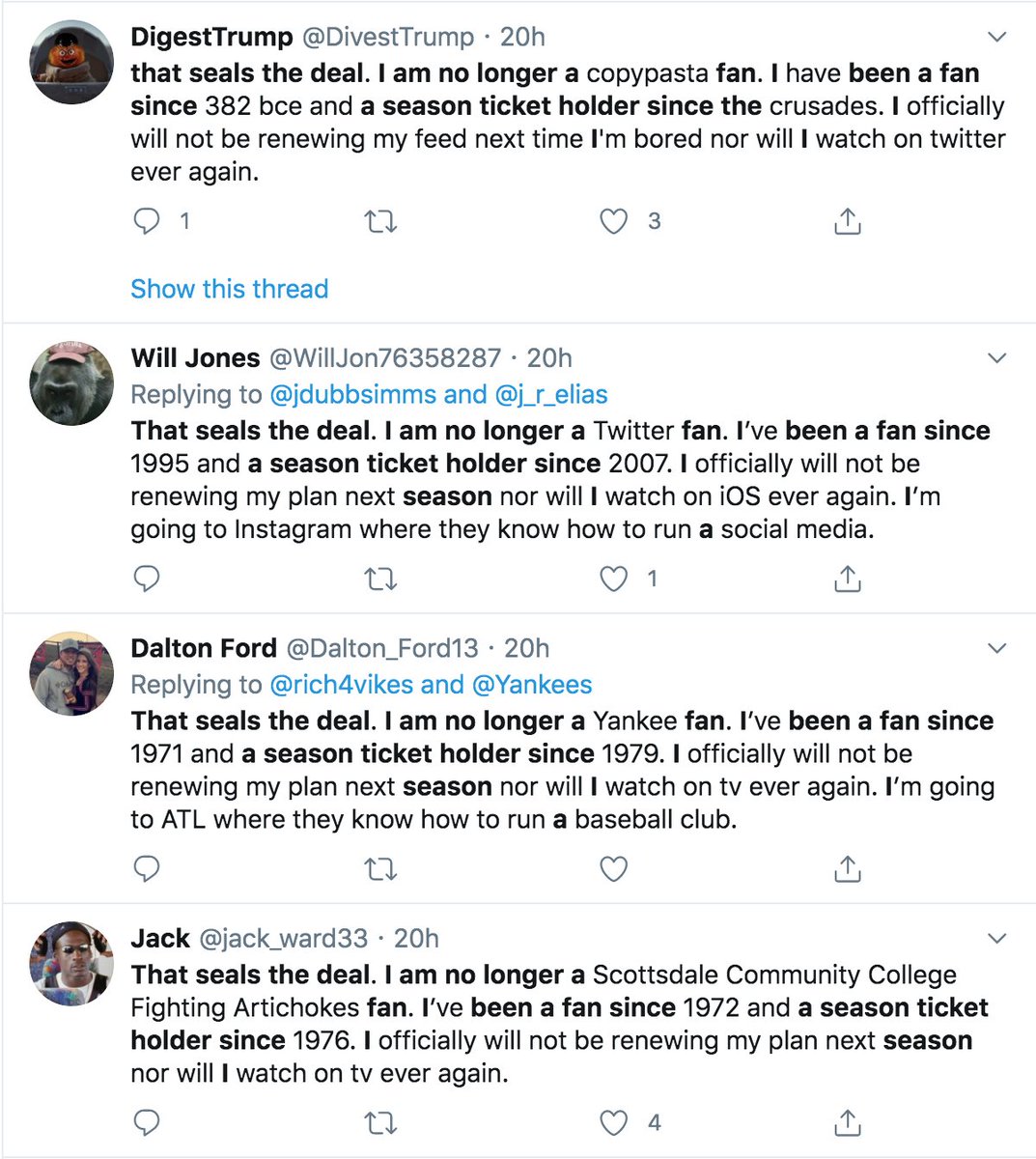 What's up with all these extremely similar tweets from enraged former fans/season ticket holders?  #Copypasta  #ThursdayThoughtscc:  @ZellaQuixote