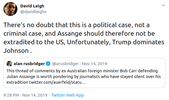In November 2019  @DavidLeighx again followed Rusbridger's lead & finally admitted that it was "a political case" and Assange "should therefore not be extradited to the US".