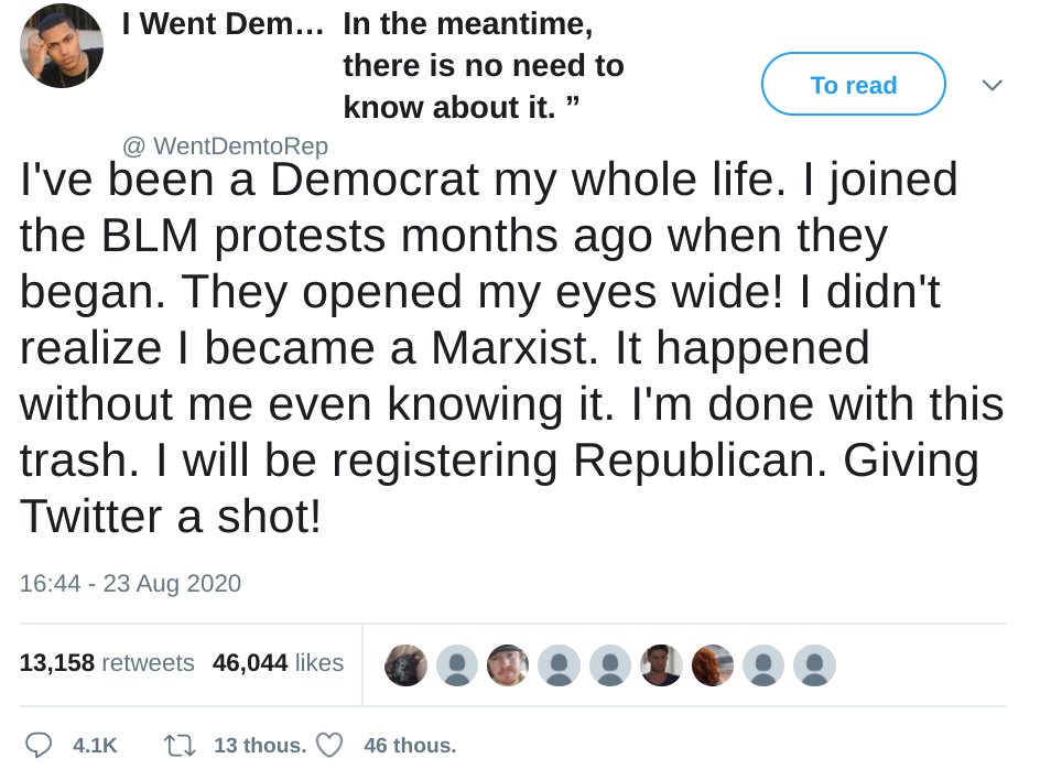 Here's  @WentDemToRep, an African-American who has "been a Democrat my whole life" and "will be registering a Republican. 13k retweets.His profile picture is a Dutch model who "called his mom because I was stressing out" over having his identity stolen. https://www.nbcnews.com/tech/security/viral-pro-trump-tweets-came-fake-african-american-spam-accounts-n1238553