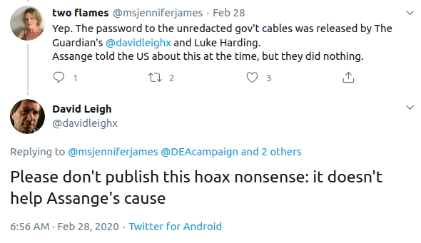But  @DavidLeighx still refuses to take responsibility for publishing the  #Cablegate password. He calls it "hoax nonsense"! Most of the US charges against Assange relate to what they call "irresponsible dumping" of data. But it was Leigh and others who made the archive public.