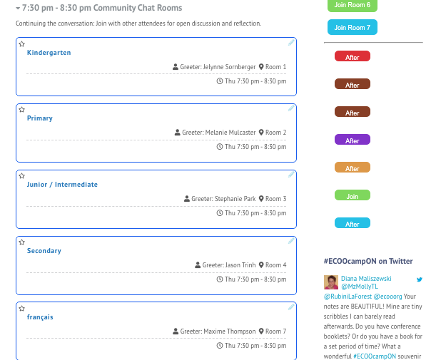 #ECOOcamp is wrapping up and our final event is a Community Chat Room and Reflection gathering spot. Kindergarten in Room 1. Primary in Room 2, Junior/Intermediate Room 3 Senior Room 4 and français in Room 7. Come join in the conversation. <a href="/ecooorg/">ECOOorg</a> <a href="/JelynneS/">Jelynne Sornberger</a> <a href="/Toadmummy/">Michelle Fenn</a> <a href="/the_mulc/">Melanie Mulcaster</a>