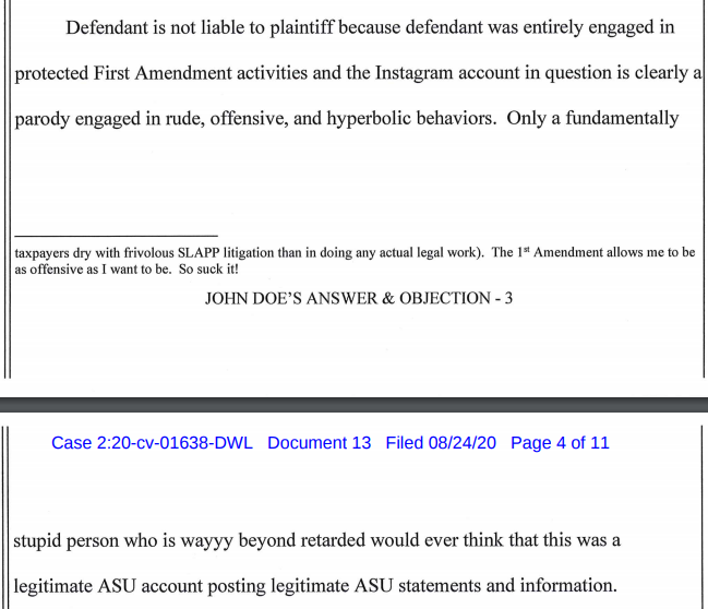 Arizona State sued an Instagram meme page and the John Doe answer to the complaint is wild
